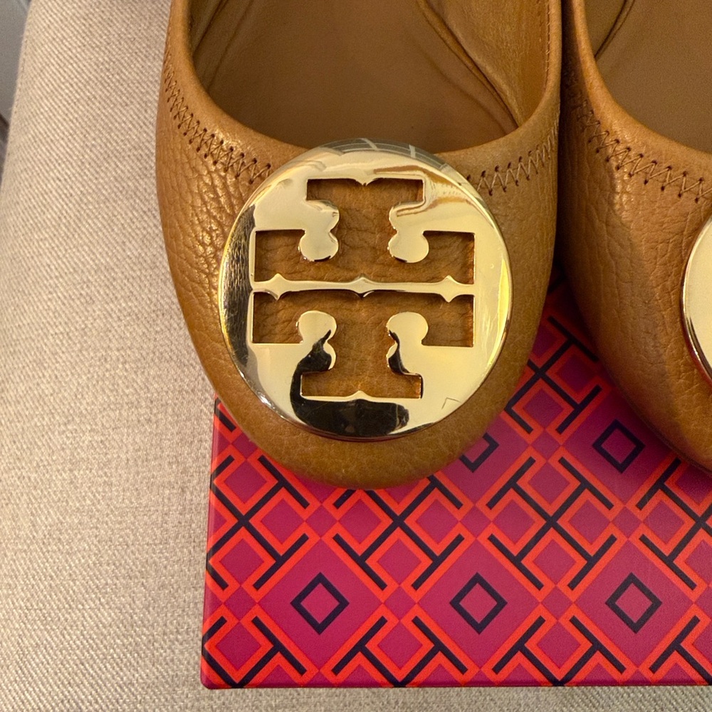 Tory Burch Tumbled Leather Reva Ballet Flats - Royal Tan/Gold - Size 8.5 - Picture 11 of 11